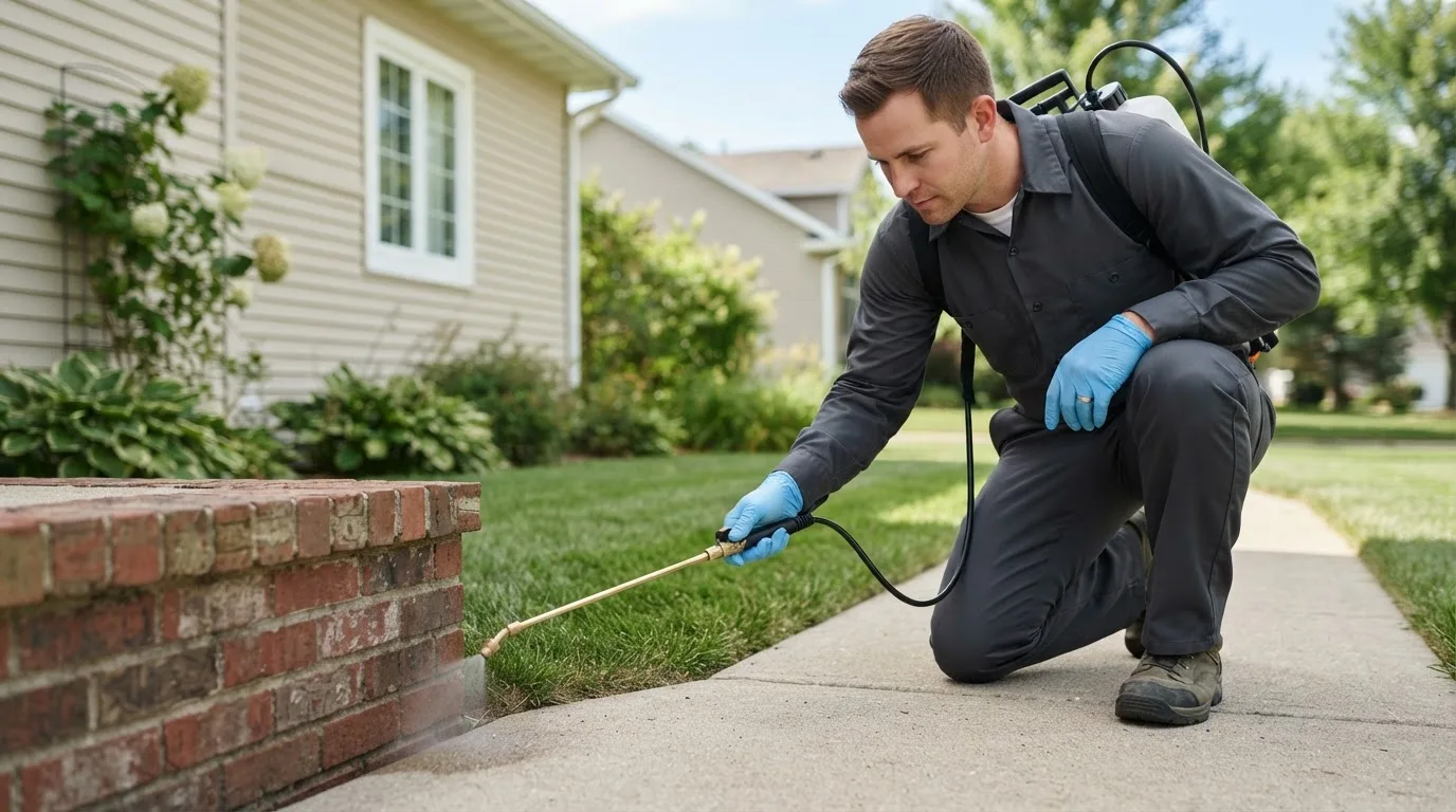 Pest control technician treating a home near Sheldon Springs, VT